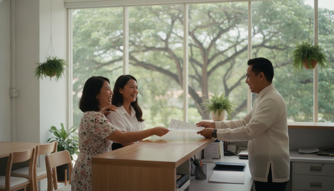 A registrar hands enrollment documents to a smiling student and her mother at a Philippine college registrar's office