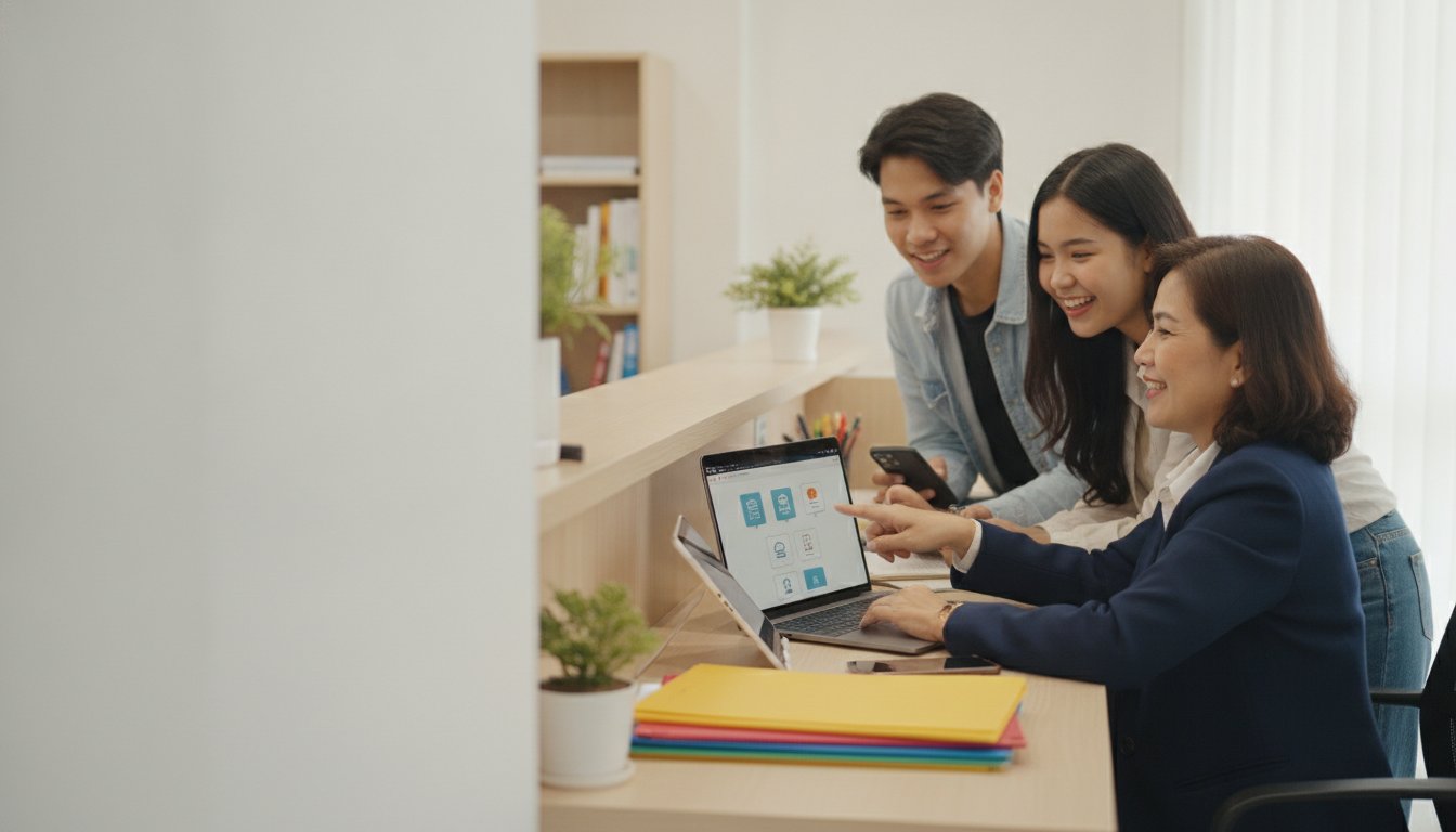 A registrar walks two students through the online admissions portal on a laptop