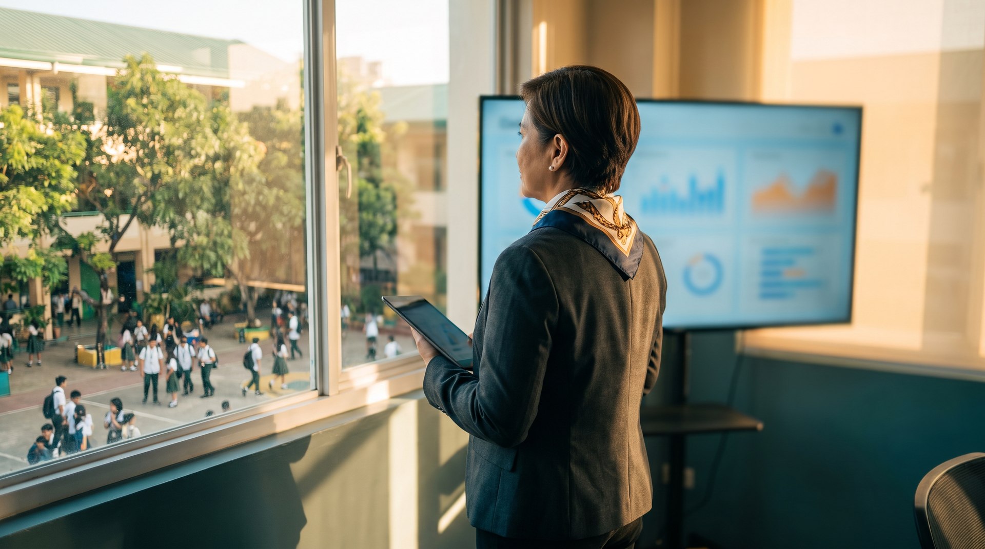 A school directress with a tablet overlooks her campus courtyard, dashboards glowing on the wall screen behind her
