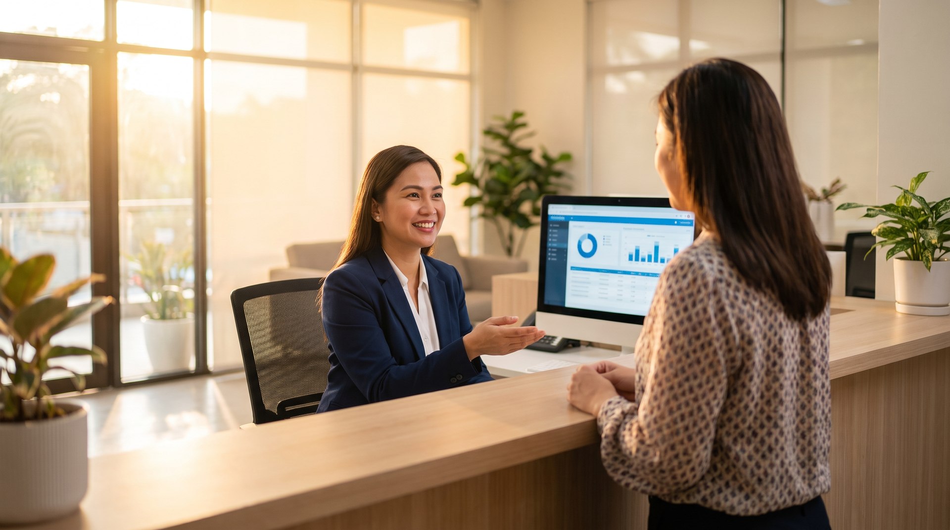 A school finance officer assists a parent at a modern cashier office, with a live payment ledger dashboard on screen