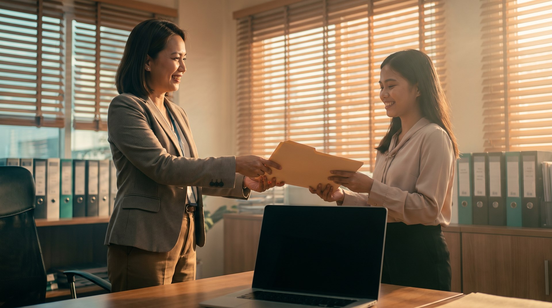 An HR manager hands documents to a smiling teacher in a bright faculty office