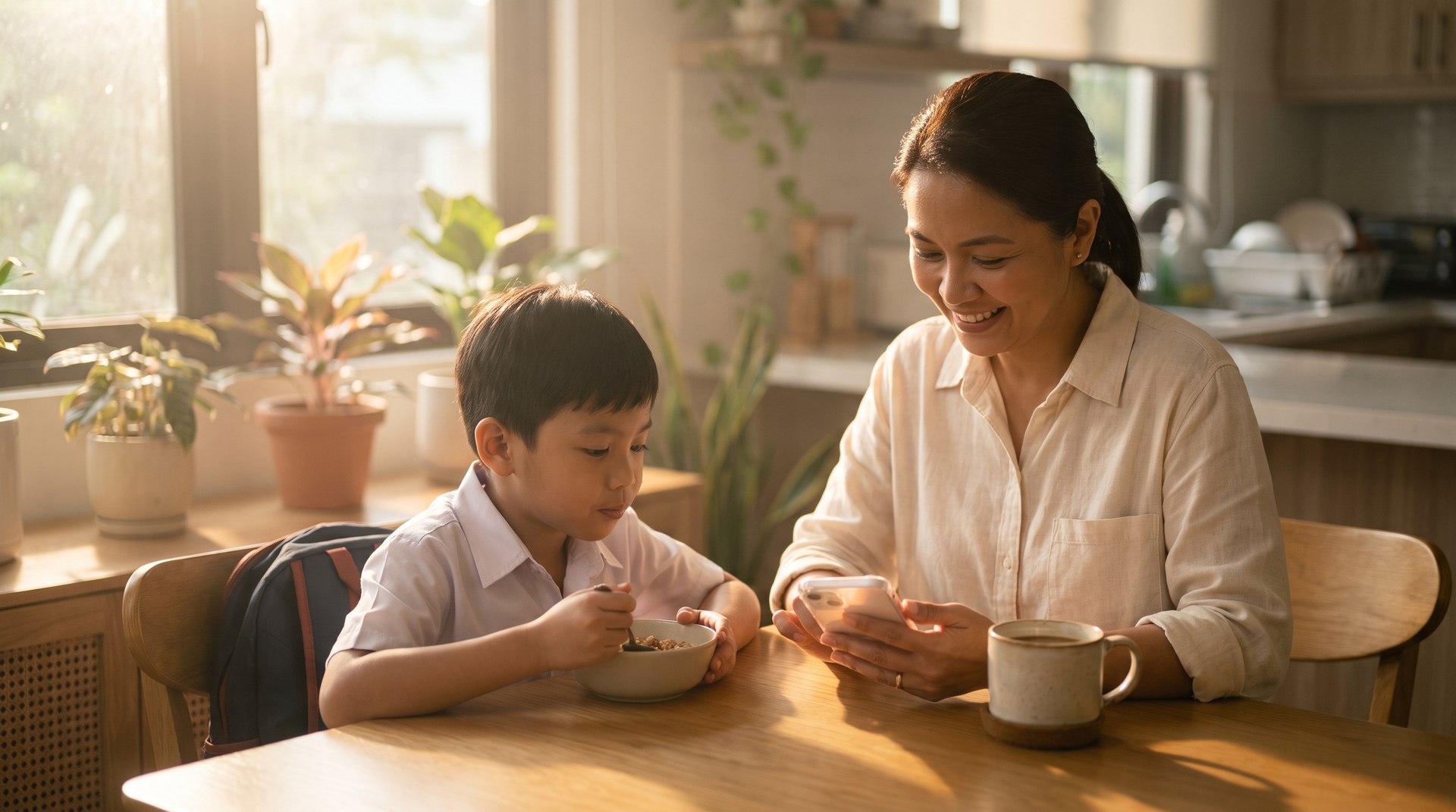 A mother checks the Alpas parent app at breakfast while her son in school uniform eats beside her