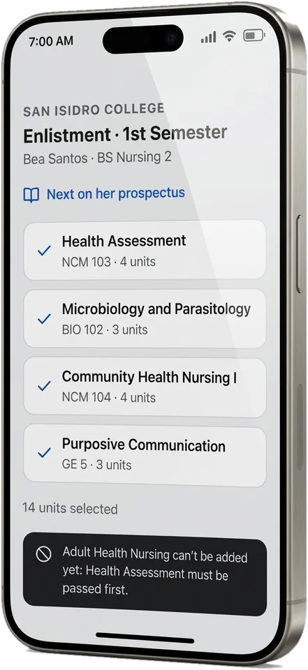 A phone showing San Isidro College's enlistment screen: four subjects picked for Bea Santos, BS Nursing 2, fourteen units, and a notice that Adult Health Nursing can't be added until Health Assessment is passed