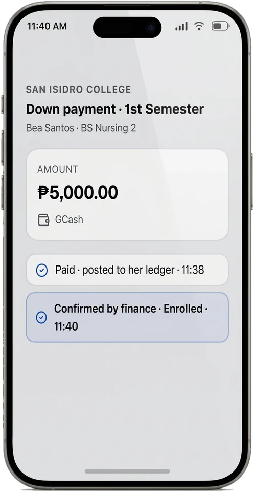 A phone showing a ₱5,000 down payment by GCash for Bea Santos, posted to her ledger at 11:38 and confirmed by finance as Enrolled at 11:40