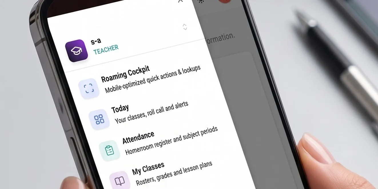 A teacher holding a phone showing the Alpas menu: Roaming Cockpit for quick actions and lookups, Today for classes, roll call and alerts, Attendance for the homeroom register and subject periods, and My Classes for rosters, grades and lesson plans