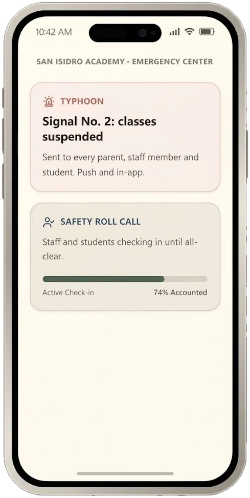 A phone showing San Isidro Academy's emergency centre: a typhoon card reading “Signal No. 2: classes suspended”, sent to every parent, staff member and student, and beneath it a safety roll call part-way through, staff and students still checking in until the all-clear